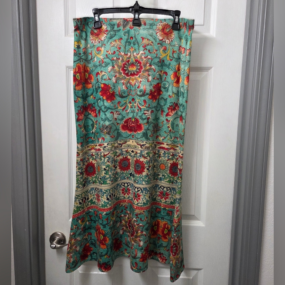 amma Fairy Whimsical Cottage Peasant  Floral Romance Maxi Skirt Aqua Red Size XL - Picture 5 of 7